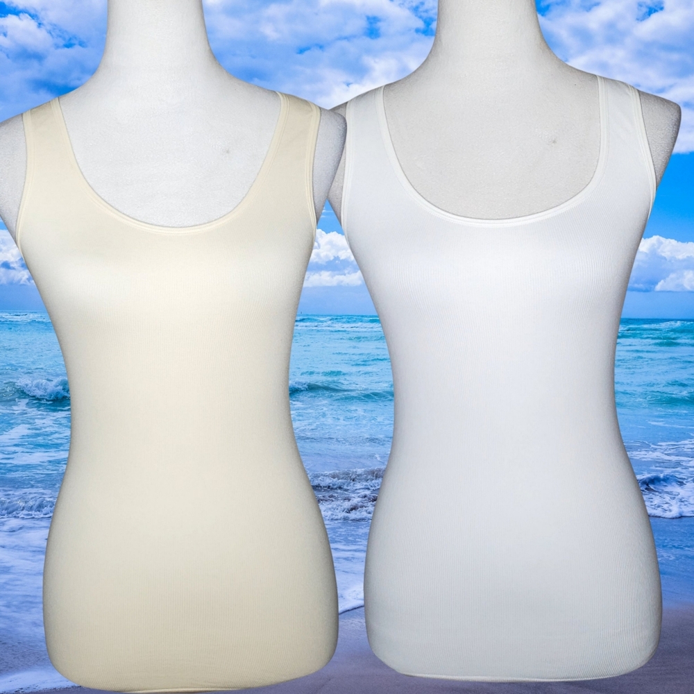 VENUS Set Of 2 White & Neutral Ribbed Stretch Scoop Neck Sleeveless Tanks